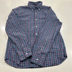 J Crew Button Up Shirt Mens L Slim Blue Red Plaid Long Sleeve Preppy